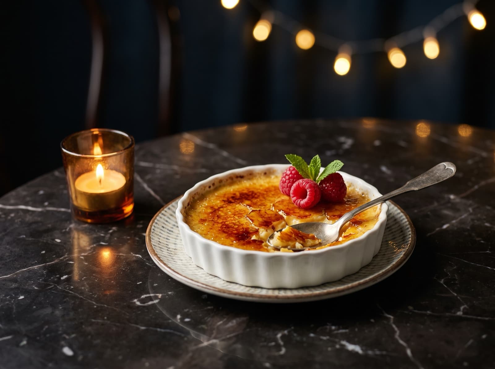 Crème brûlée with caramelized sugar crust and fresh raspberries