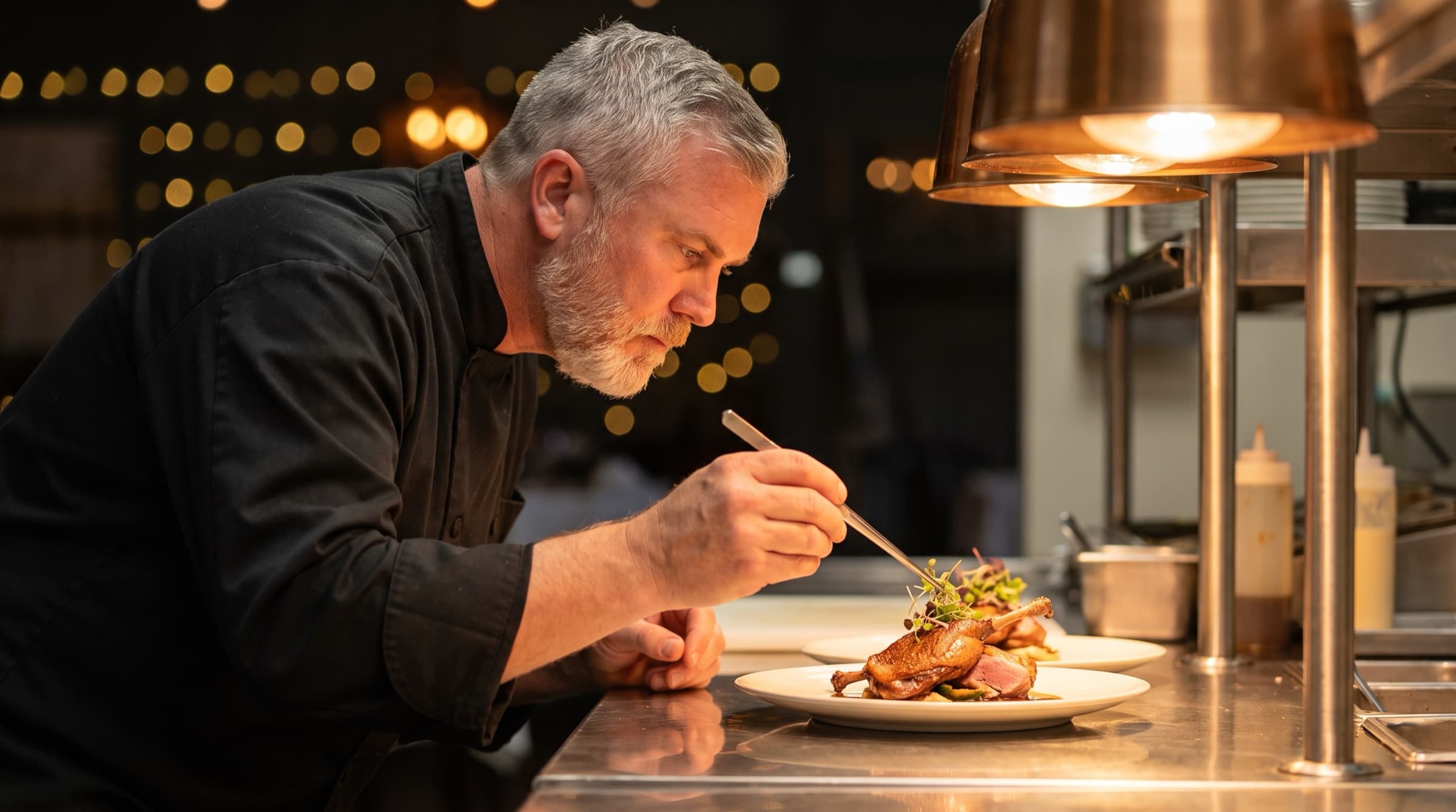 Chef Jason Head plating a dish at the kitchen pass at Fozzie's Dining